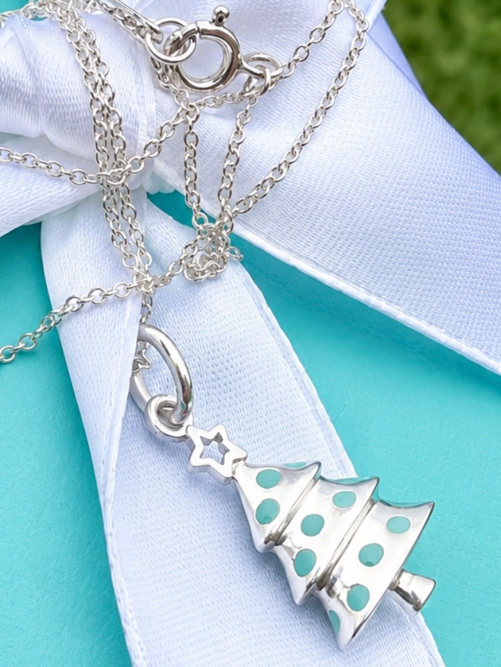 RARE Tiffany & Co Blue Enamel Christmas Tree Charm Silver Necklace